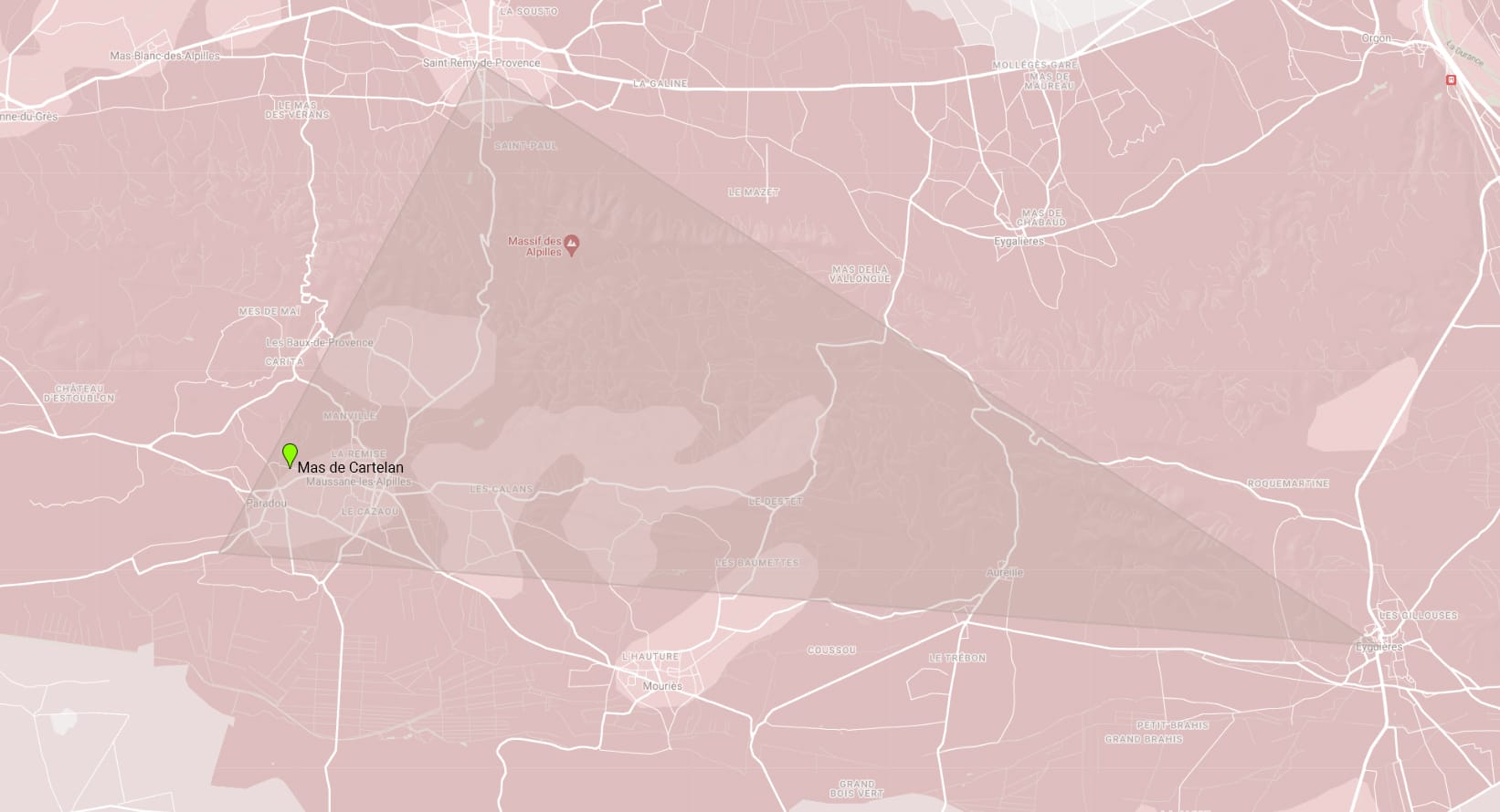 Carte Google montrant une vaste zone triangulaire autour du Mas de Cartelan, avec les routes avoisinantes et les détails du terrain.